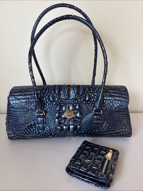 “New-ish” Brahmin Dayan Kyanite, Croc-Embossed Barrel Satchel w/Matching Wallet